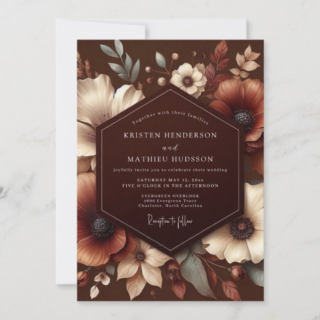 Brown Autumn Bloom Wedding Invitation (Front)