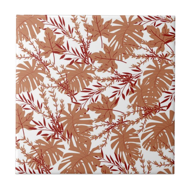 Brown Autumn Floral Leaves Pattern Ceramic Tile (Front)