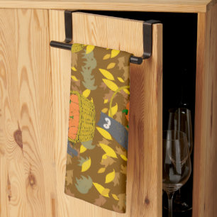 Brown Autumn Owl Pumpkin Pattern Dish Towel Tea Towel