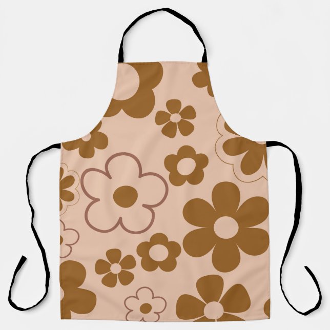 Brown Autumn Retro Y2K Hippie Flower Pattern Apron (Front)