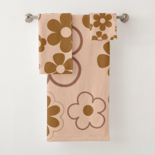 Brown Autumn Retro Y2K Hippie Flower Pattern Bath Towel Set