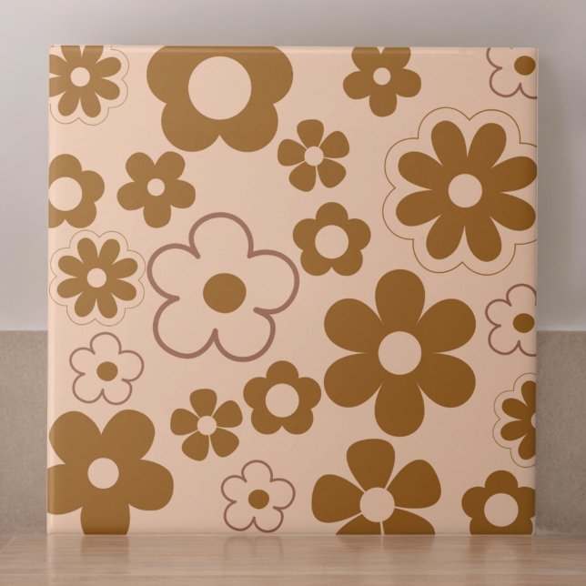Brown Autumn Retro Y2K Hippie Flower Pattern Ceramic Tile (Creator Uploaded)