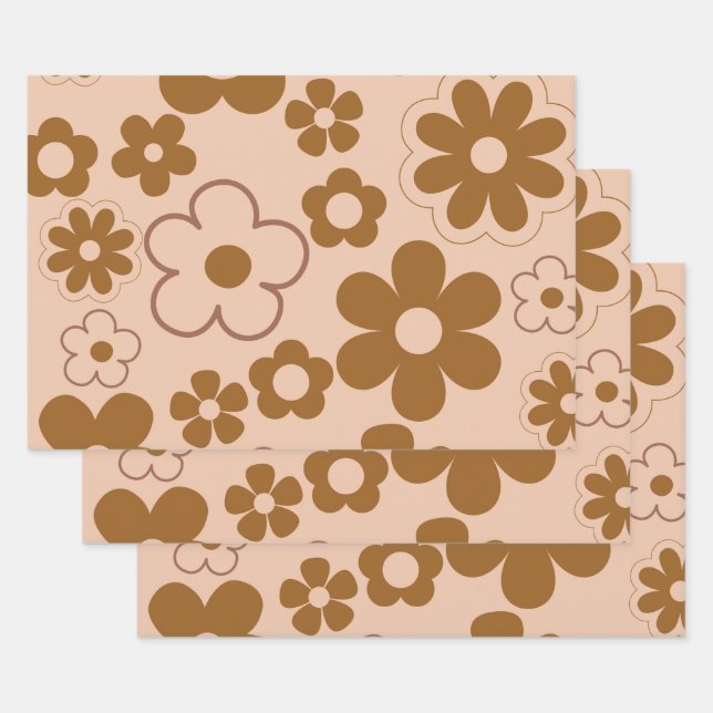 Brown Autumn Retro Y2K Hippie Flower Pattern Wrapping Paper Sheet (Set)