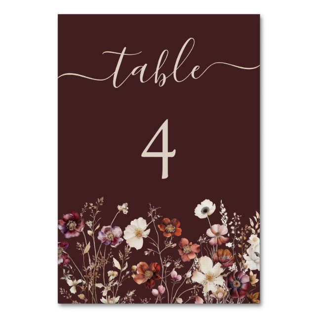 Brown Autumn Wildflower Meadow Wedding Table Number (Front)