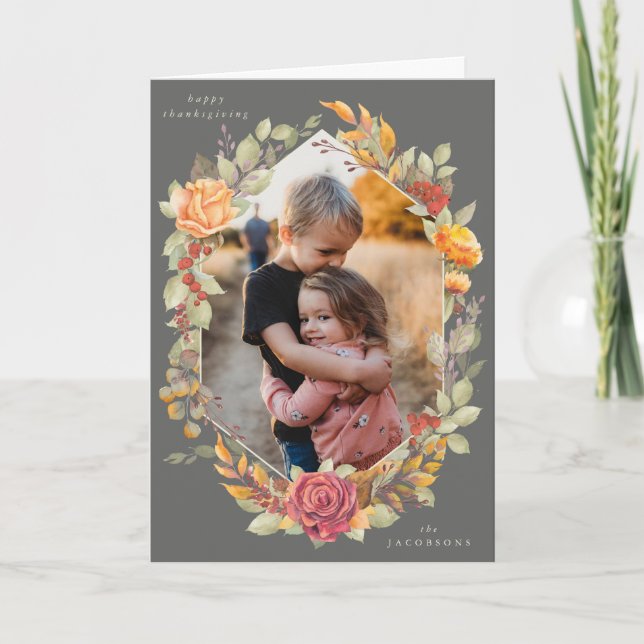 Brown Autumnal Florals Thanksgiving Photo Card (Front)