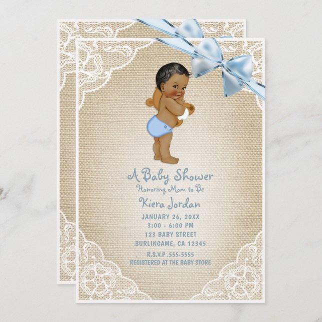 Brown Baby Boy Bear & Blue Bow Burlap Baby Shower Invitation (Front/Back)