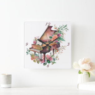 Brown Baby Grand Piano Watercolor Square Wall Clock