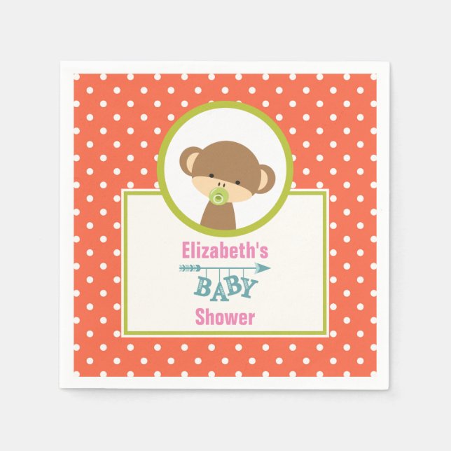 Brown Baby Monkey with Pacifier Baby Shower Napkin (Front)