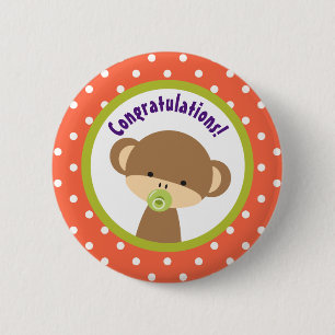 Brown Baby Monkey with Pacifier Congratulations 6 Cm Round Badge