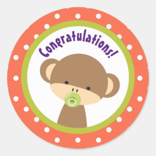 Brown Baby Monkey with Pacifier Congratulations Classic Round Sticker