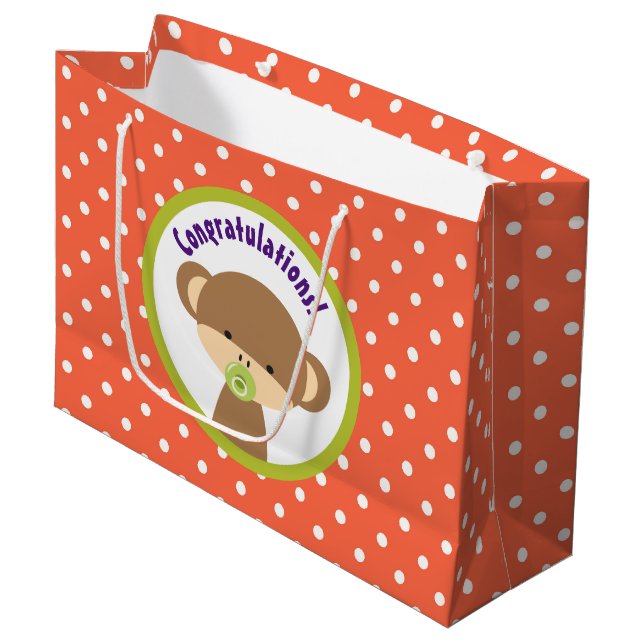 Brown Baby Monkey with Pacifier Congratulations Large Gift Bag (Front Angled)