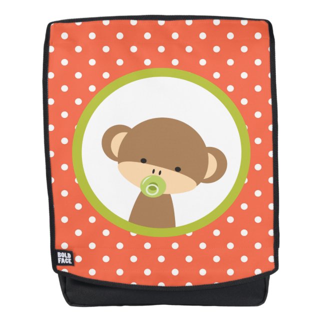 Brown Baby Monkey with Pacifier on Polka Dots Backpack (Front)
