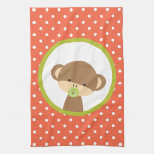 Brown Baby Monkey with Pacifier on Polka Dots Tea Towel