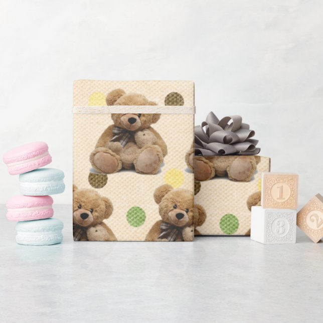 Brown Baby Teddy Bears On Polka Dots  Wrapping Paper (Baby Shower)