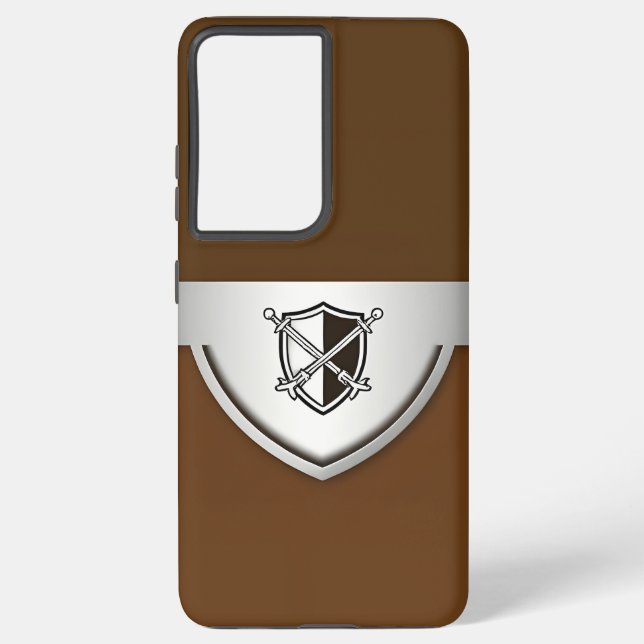 Brown Background Shield with Silver Crossed Swords Samsung Galaxy S21 Ultra Case (Back)