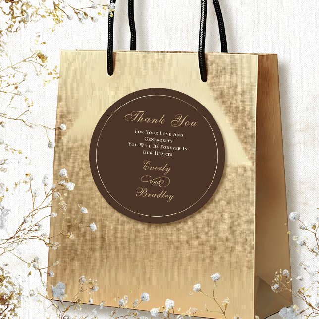 Brown Background Warm Beige Gold Script Thank You Classic Round Sticker (Creator Uploaded)