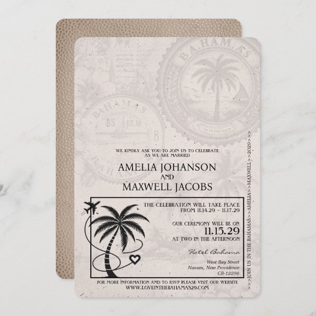 Brown Bahamas Passport Wedding Invitation (Front/Back)