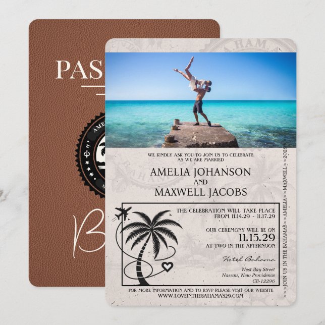 Brown Bahamas Passport Wedding Invitation (Front/Back)