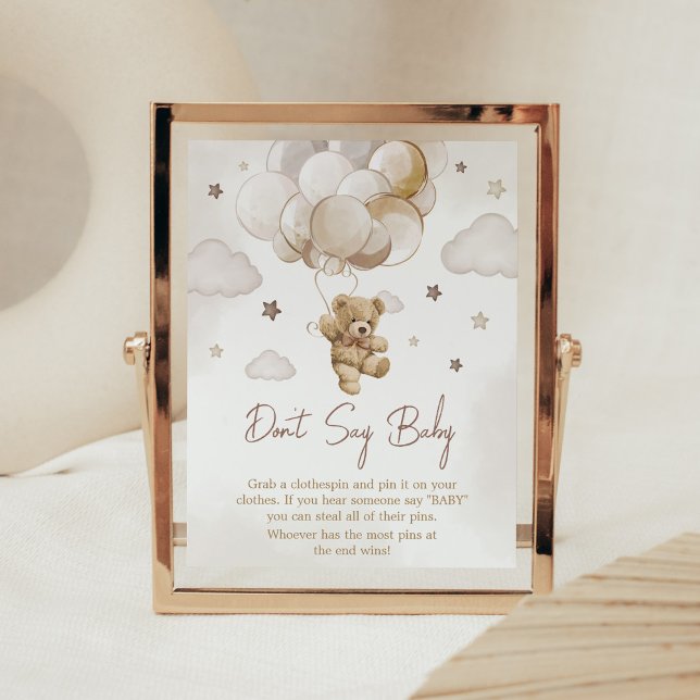 Brown Balloon Bear Baby Shower Don't Say Baby Poster (Gender Neutral Bear Balloon Baby Shower Don't Say Baby Sign)