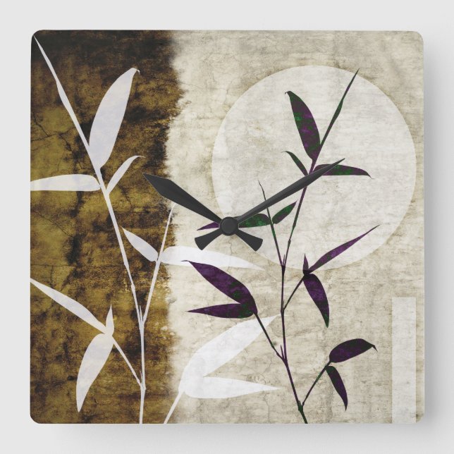 Brown Bamboo Moon Fall Leaves Square Wall Clock (Front)