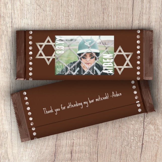 Brown Bar Mitzvah Stars Budget Candy Bar Wrapper (DIY Budget Personalized Chocolate Brown Bar Mitzvah Candy Bar Wrapper with Photo, Stars of David)