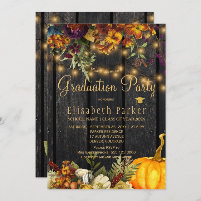 Brown barn wood autumn fall graduation party invitation (Front/Back)