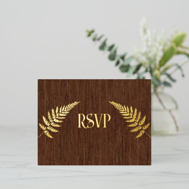 Brown Barnboard and Gold Foil RSVP Foil Invitation Postcard (Standing Front)