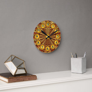 Brown Basket Weave Geometric Pattern Round Clock