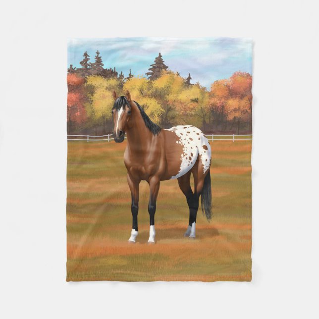 Brown Bay Appaloosa Horse in Autumn Pasture Fleece Blanket (Front)