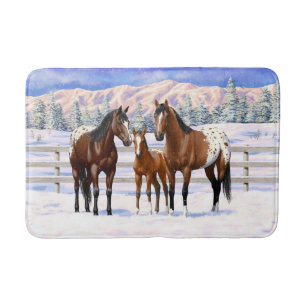 Brown Bay Appaloosa Horses In Snow Bath Mat