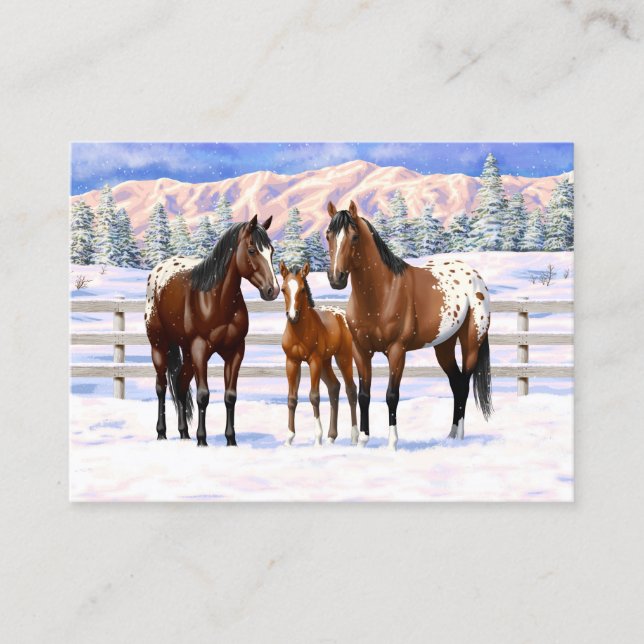 Brown Bay Appaloosa Horses In Snow Business Card (Front)