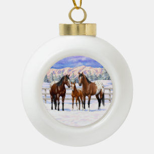 Brown Bay Appaloosa Horses In Snow Ceramic Ball Christmas Ornament