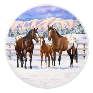 Brown Bay Appaloosa Horses In Snow Ceramic Knob