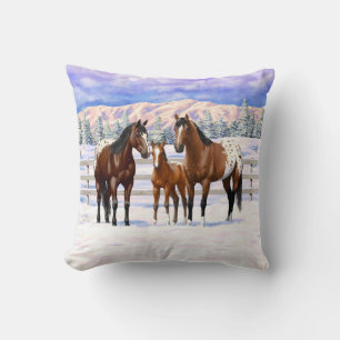Brown Bay Appaloosa Horses In Snow Cushion