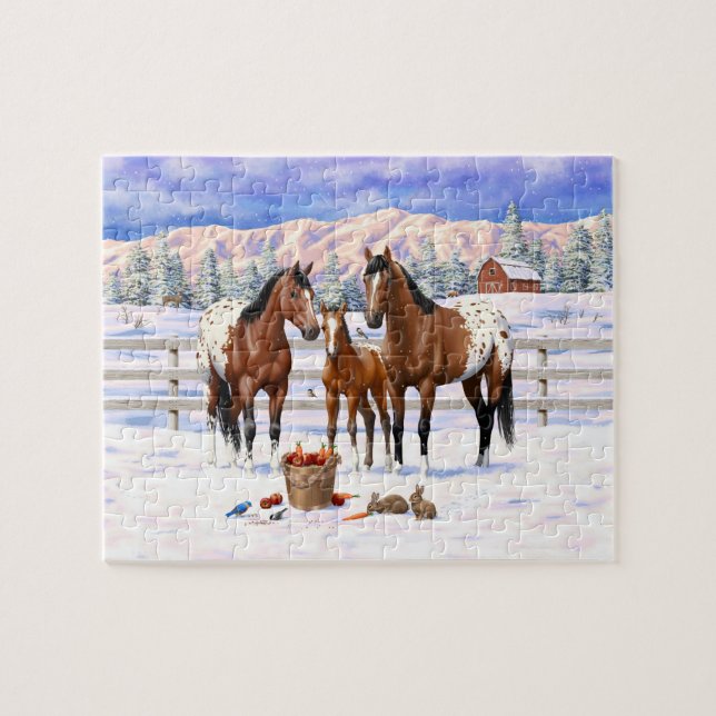 Brown Bay Appaloosa Horses In Snow Jigsaw Puzzle (Horizontal)