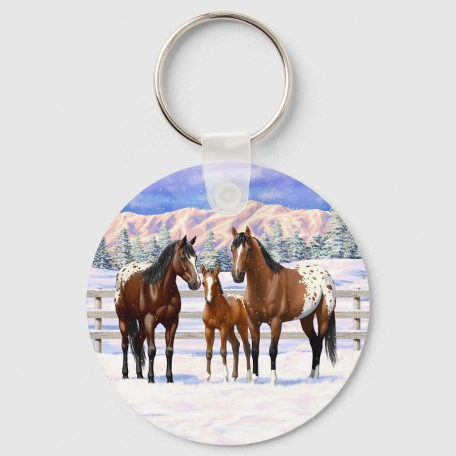 Brown Bay Appaloosa Horses In Snow Key Ring (Front)