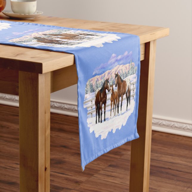Brown Bay Appaloosa Horses In Snow Medium Table Runner (In Situ)
