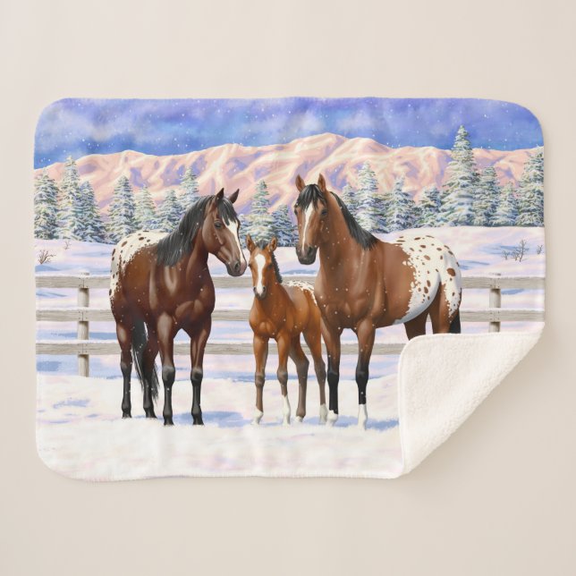 Brown Bay Appaloosa Horses In Snow Sherpa Blanket (Front (Horizontal))