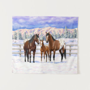 Brown Bay Appaloosa Horses In Snow Tapestry