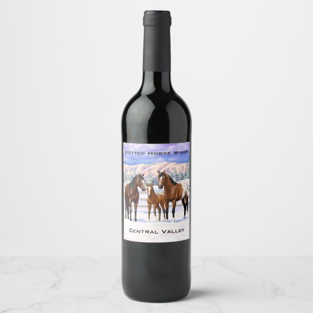 Brown Bay Appaloosa Horses In Snow Wine Label (Front)