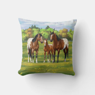 Brown Bay Appaloosa Horses In Summer Pasture Cushion