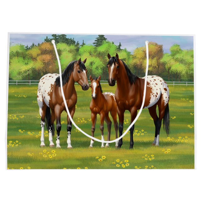 Brown Bay Appaloosa Horses In Summer Pasture Large Gift Bag (Back)
