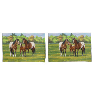 Brown Bay Appaloosa Horses In Summer Pasture Pillowcase