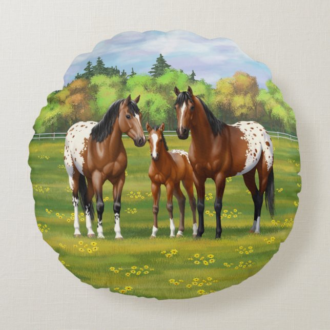 Brown Bay Appaloosa Horses In Summer Pasture Round Cushion (Front)