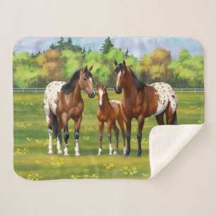 Brown Bay Appaloosa Horses In Summer Pasture Sherpa Blanket