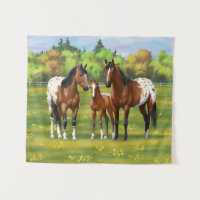 Brown Bay Appaloosa Horses In Summer Pasture