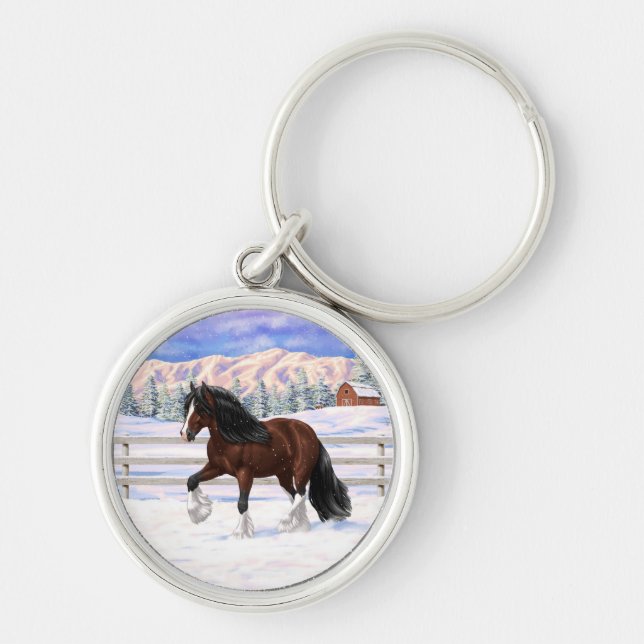 Brown Bay Gypsy Vanner Draft Horse In Snow Key Ring (Front)