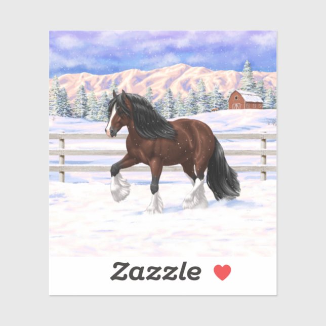 Brown Bay Gypsy Vanner Draught Horse In Snow (Sheet)