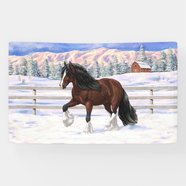 Brown Bay Gypsy Vanner Draught Horse In Snow Banner (Horizontal)
