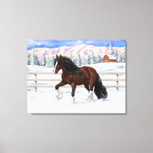 Brown Bay Gypsy Vanner Draught Horse In Snow Canvas Print